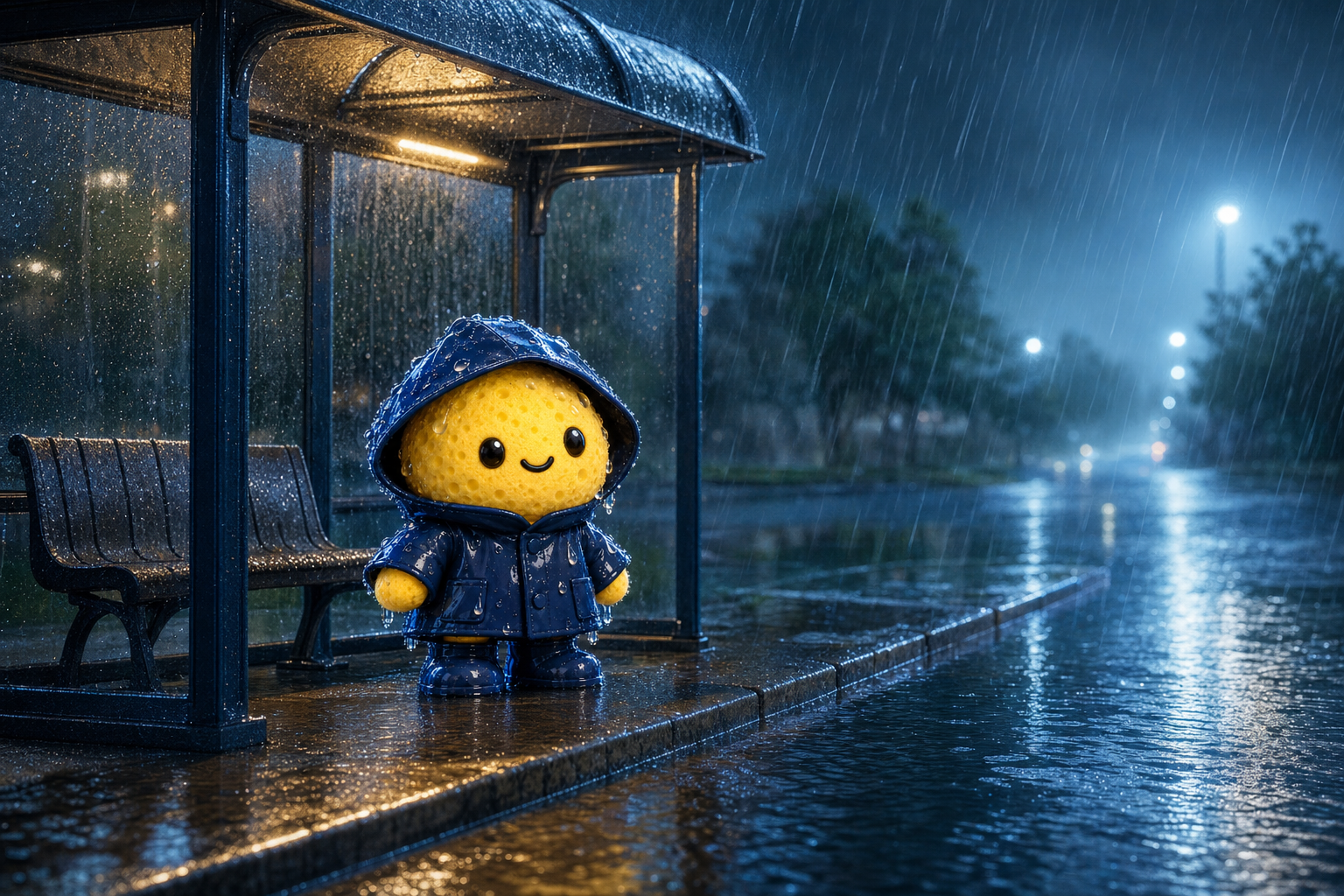 Dry Guy waiting under a rain-soaked bus shelter at night