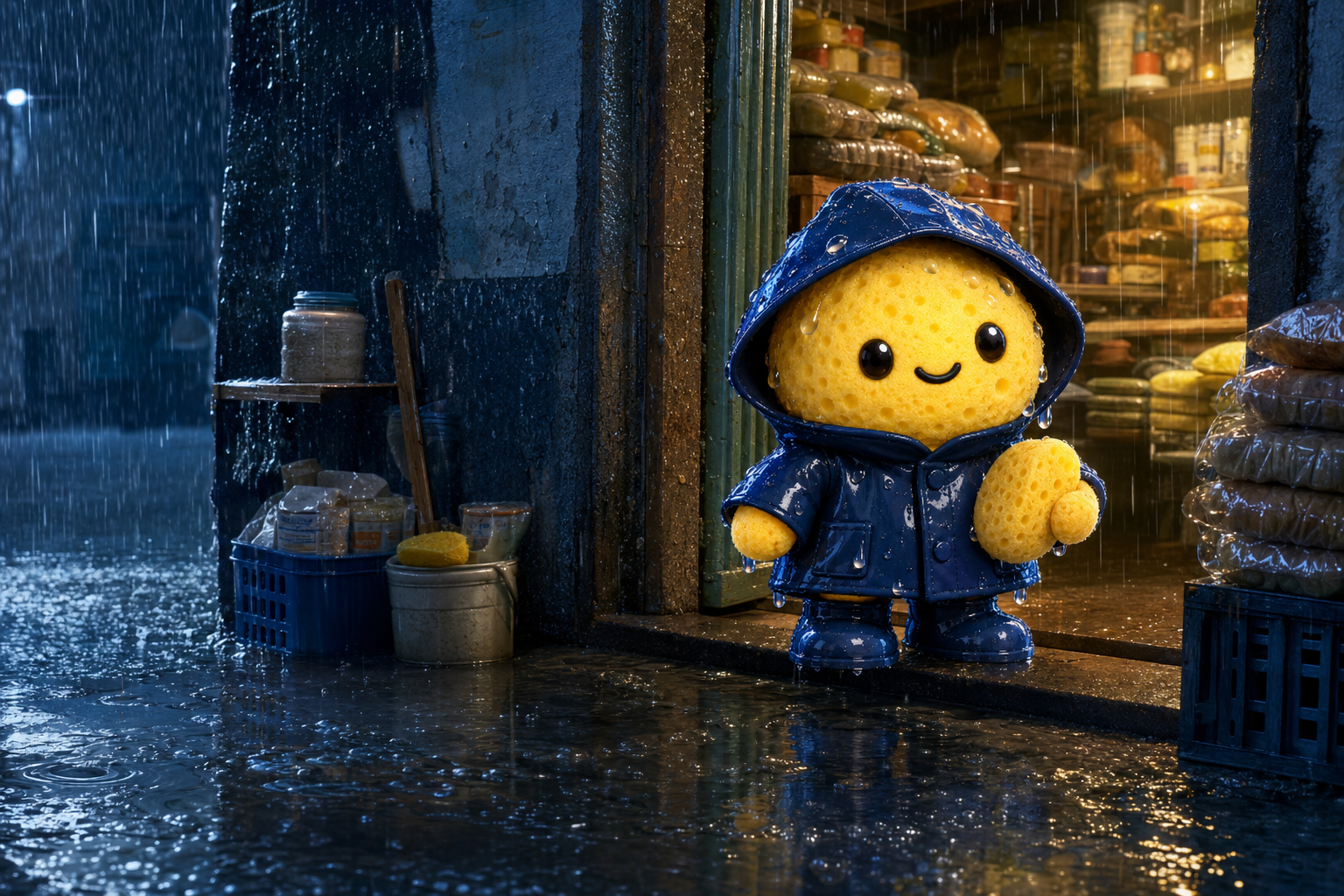 Dry Guy in a corner shop doorway in the rain, holding a sponge